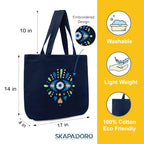 SKAPADORO Canvas Big Zip Handbag Tote,100% Cotton, Inner pocket, Unisex Embroidered Comfortable Bag for Travel Office Beach Shopping, Easy to Wash Trendy Everyday Shoulder Bag (Nazar Battu)