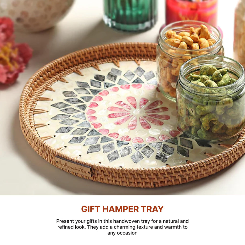 Habere India-All The Cultures Fabricating India Decorative Serving & Organising Trays | Gift Hamper | Wooden Serving Tray | Round Shape Rattan Tray - Large (Dia40 x H5 cm)