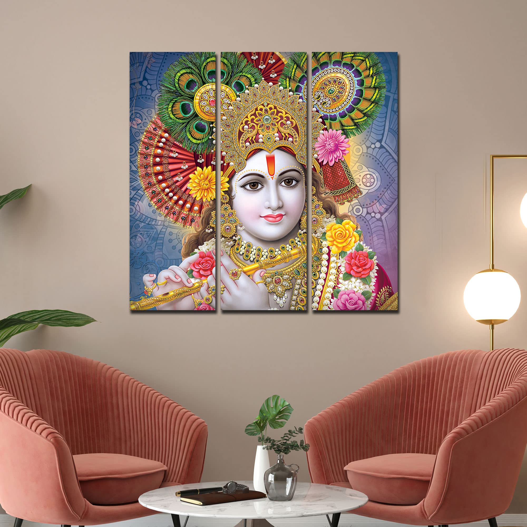 VIBECRAFTS 3 Pieces Beautiful Kanha Ji Canvas Wall Painting Fitted With Wooden Frame For Home | Office | Living Room | Gifts (PTVC3Pcs1_9552)
