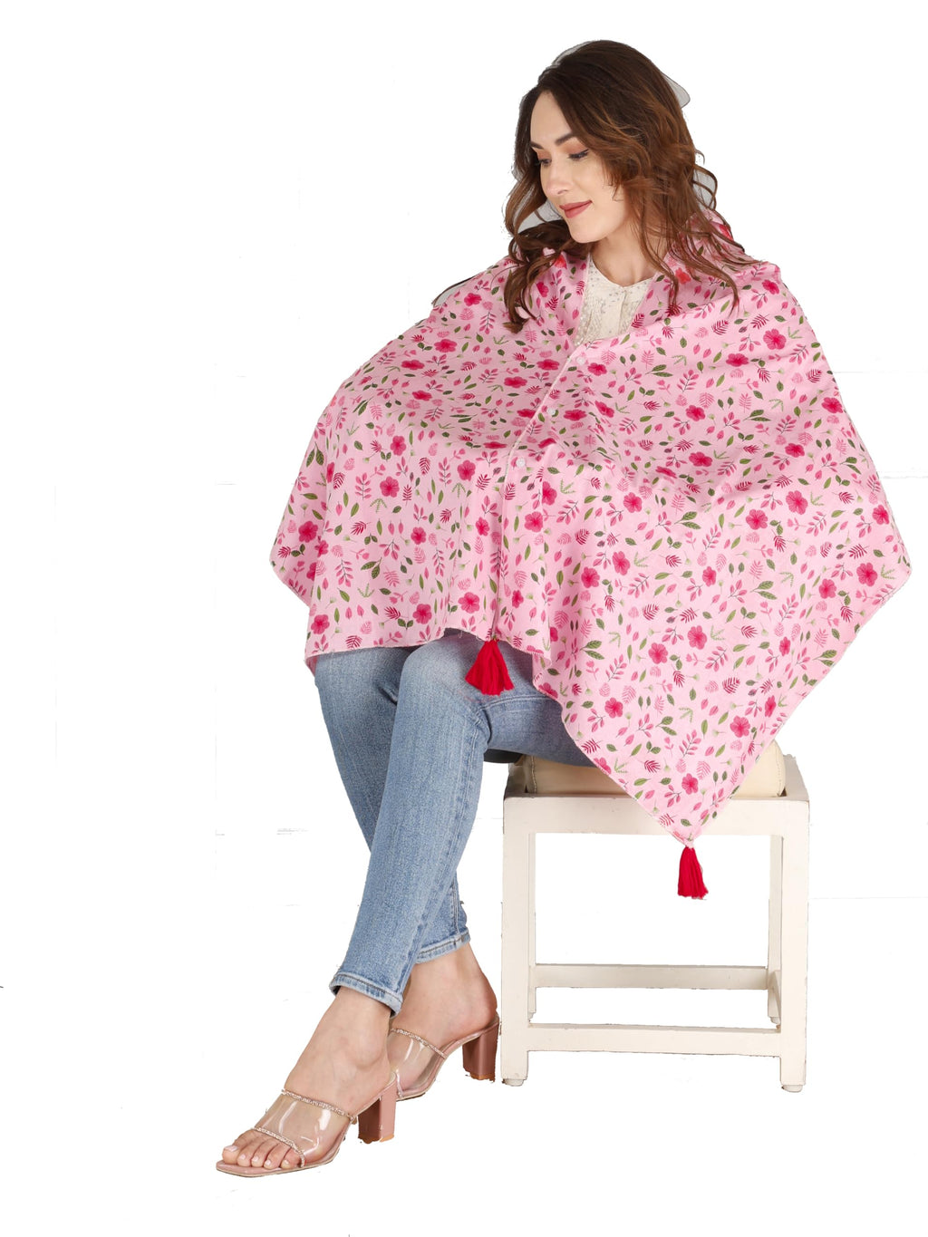 Switchon Nursing Cover for Breastfeeding Multi Use Poncho Style Scarf with Buttons, Feeding Apron Breathable for Pre & Post Pregnancy free size (72inch x 22inch) Pink_Multi