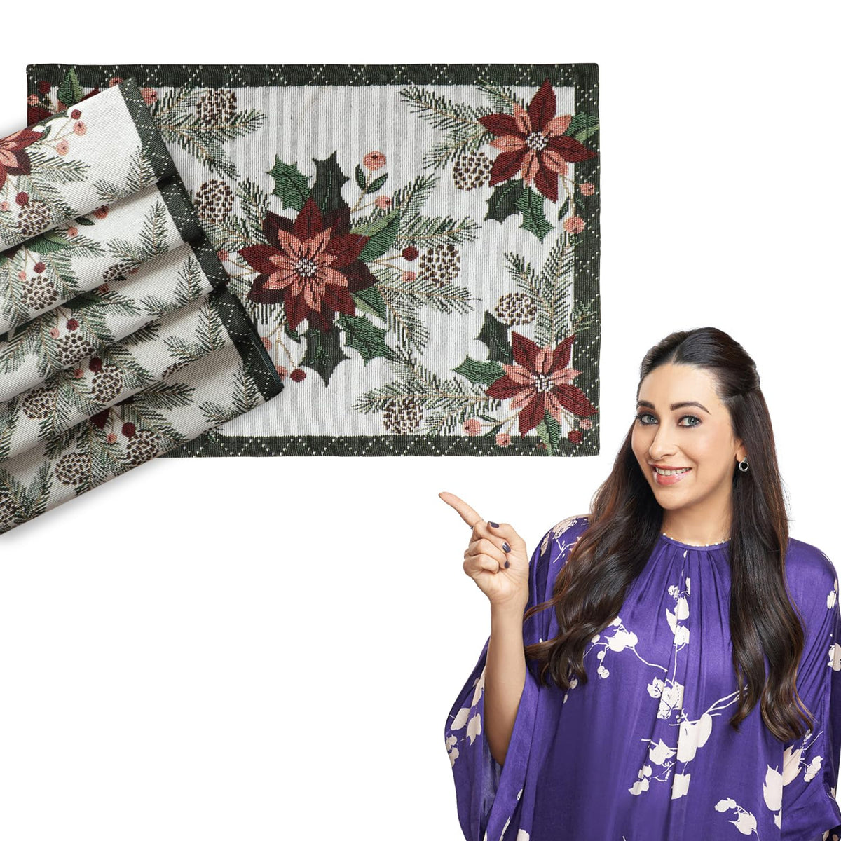 HOKIPO Cotton Jacquard Dining Table Mat, Set of 6 Placemats (12x18 Inches) (IN-530-D1*6) White Floral Kafalo