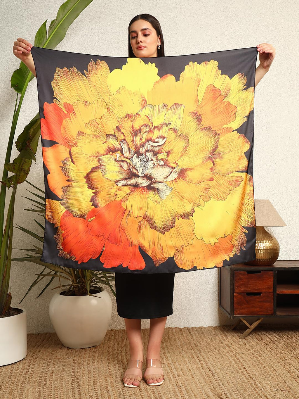 Ravaiyaa - Attitude is everything Women's Crepe Silk Digital Print Large Square Scarf Breathable Lightweight Neckerchief Printed Headscarf 40 x 40 Inch (Black & Yellow Sunflower)