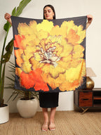 Ravaiyaa - Attitude is everything Women's Crepe Silk Digital Print Large Square Scarf Breathable Lightweight Neckerchief Printed Headscarf 40 x 40 Inch (Black & Yellow Sunflower)