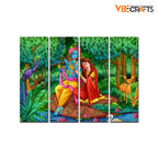 VIBECRAFTS Beautiful Radha Krishna In Forest 4 Pieces Canvas Wall Painting Fitted With Wooden Frame For Home | Office | Living Room | Gift(PTVC4Pcs1_13512)