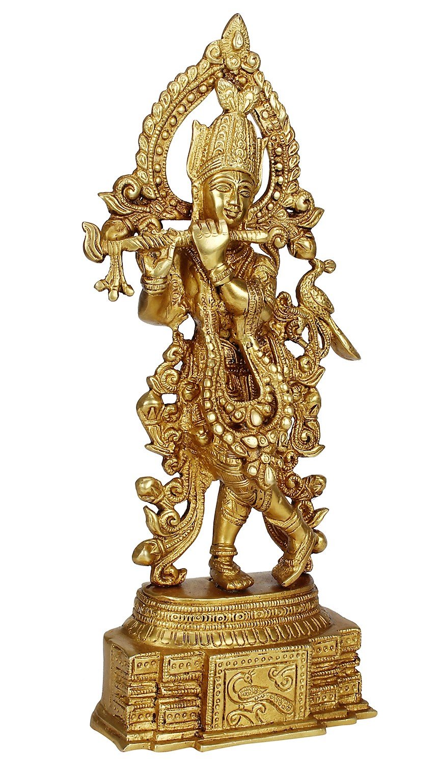 ARTVARKO Brass Murti Lord Krishna Idol God of Love Playing Flute for Home Décor Living Room Metal Statue Temple Gift Item Gold Polish Height 13.7 Inch