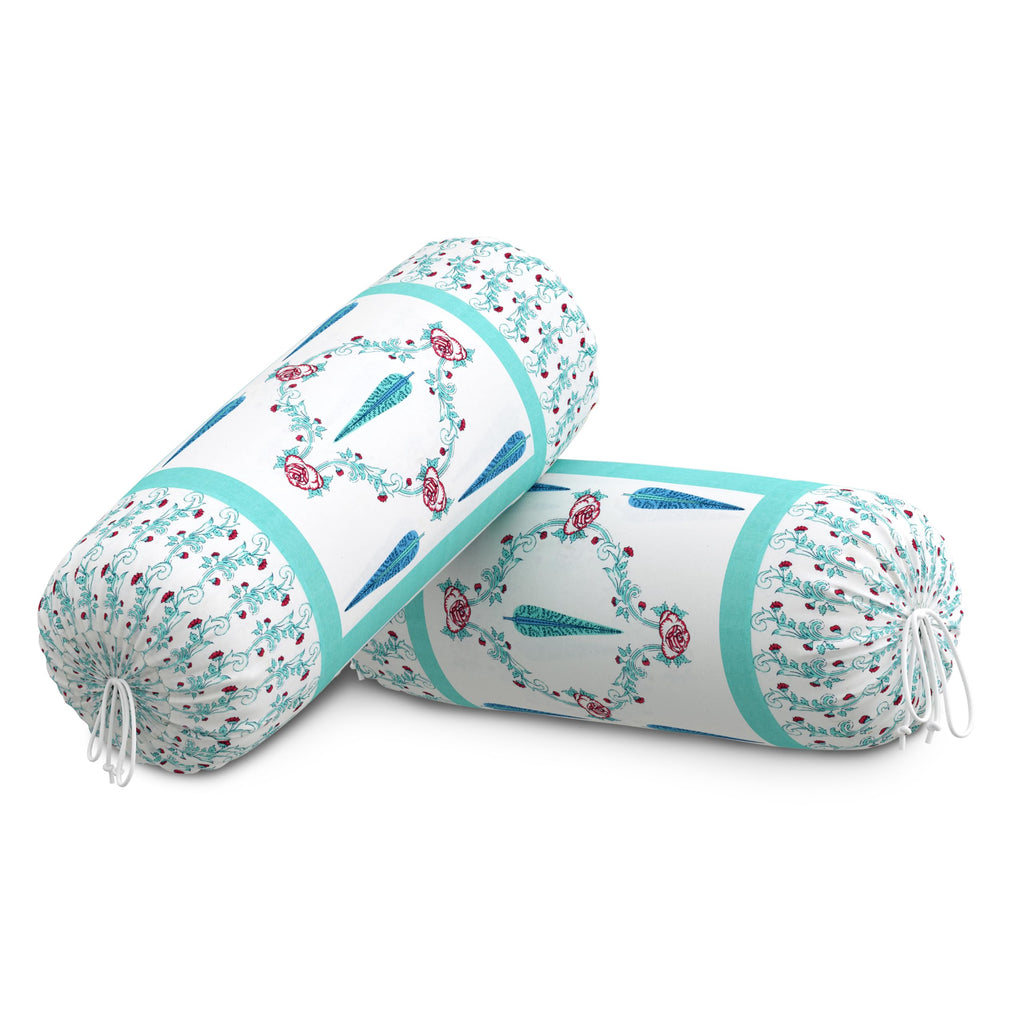 BLOCKS OF INDIA Cotton Hand Block Printed Bolster Cover | Booster Cover with Drawstring | Round Long Pillow Cover for Bed | Dewan Pillow Cover Set 16 X 32 | Set of 2 (Turq Patti)