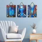 Artvibes Forest Life With Animals & Children Under The Moon Decorative Wall Hanging Ornaments | Printed Wall Decoration | Graphic Artwork | Wall Art Print | Sceneries | Gift Items (WH_9670N), Set of 3