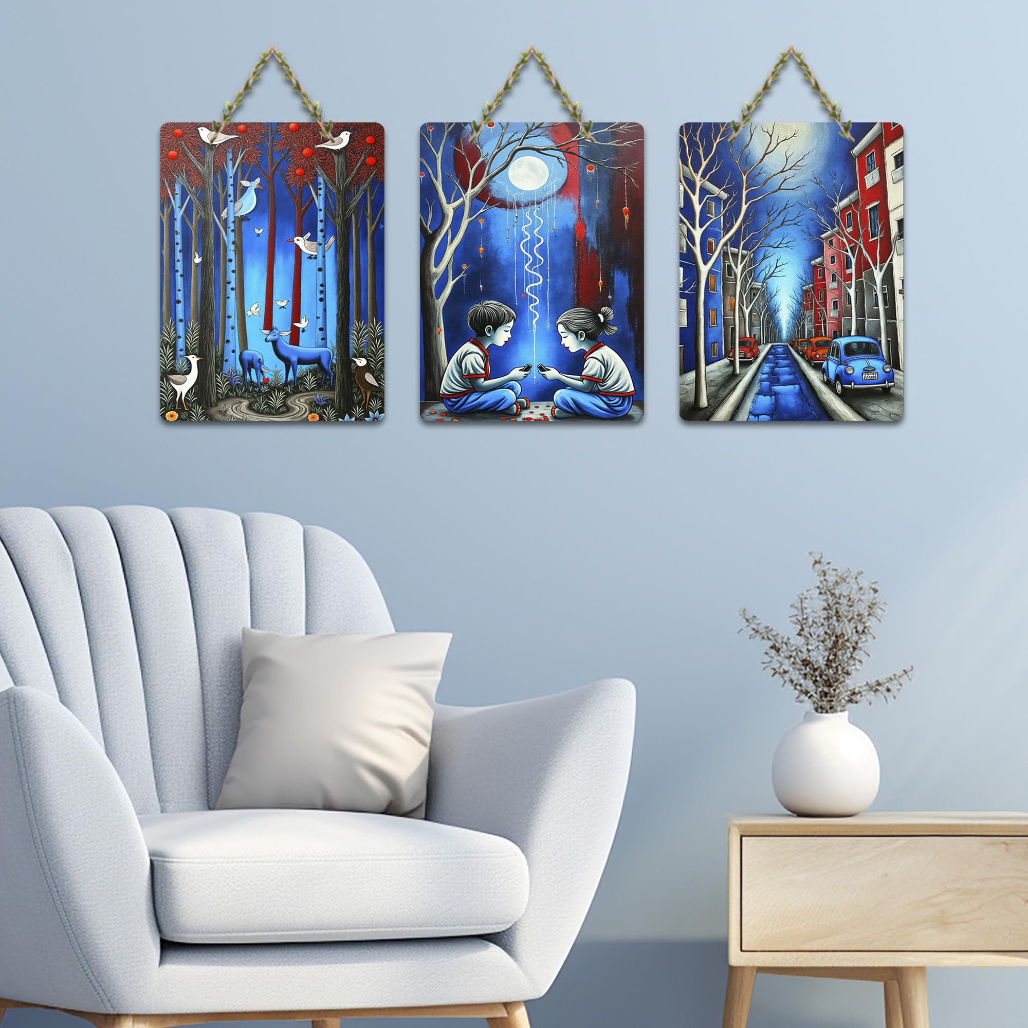 Artvibes Forest Life With Animals & Children Under The Moon Decorative Wall Hanging Ornaments | Printed Wall Decoration | Graphic Artwork | Wall Art Print | Sceneries | Gift Items (WH_9670N), Set of 3