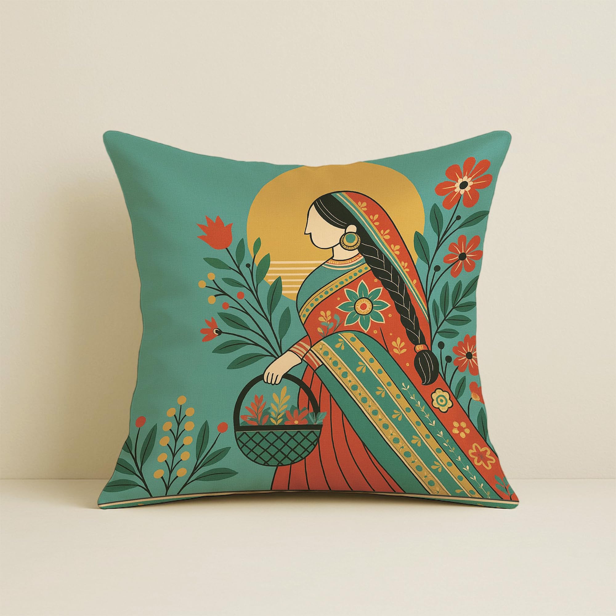 STITCHNEST Satin Cushion Covers Elegant Woman in Saree with Basket & Flowers, 24x24 Inch, Pack of 2 for Ethnic Sofa Styling & Gifting