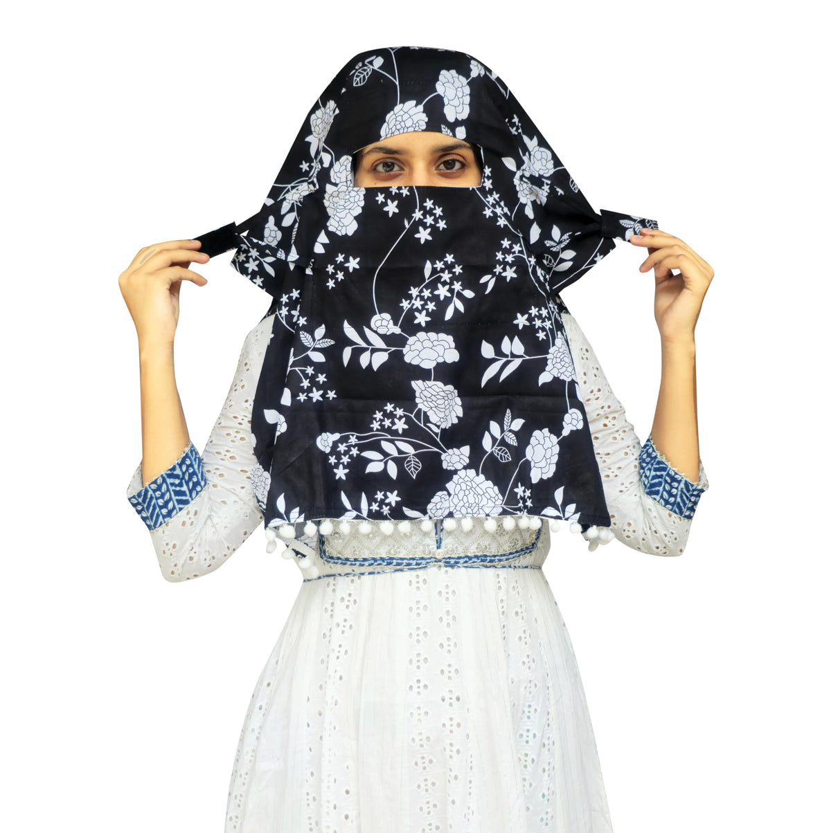 Switchon Scarf Hijab Rayon Printed fancy scarf for women Size Adjustable -Hook loop tape- For 10 yrs and above (Black_Multi2)
