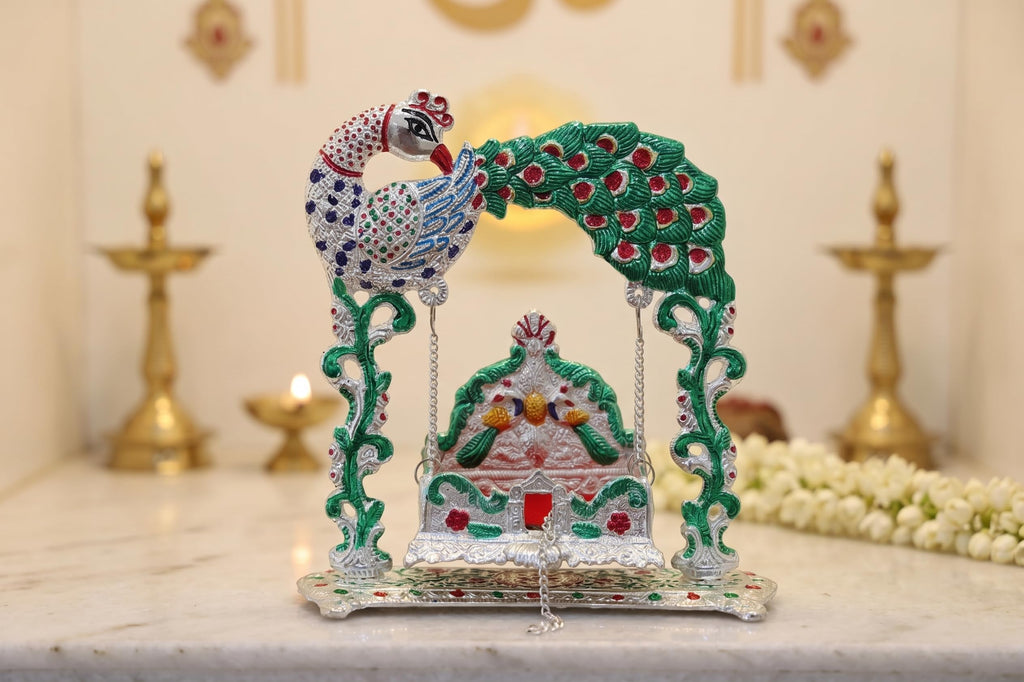 KridayKraft Silver Plated & Multicolour Peacock Design Jhula for Laddu Gopal | Decorative Metal Palna for Home Temple & Janmashtami Puja (23 x 21.5 cm, 460 g)