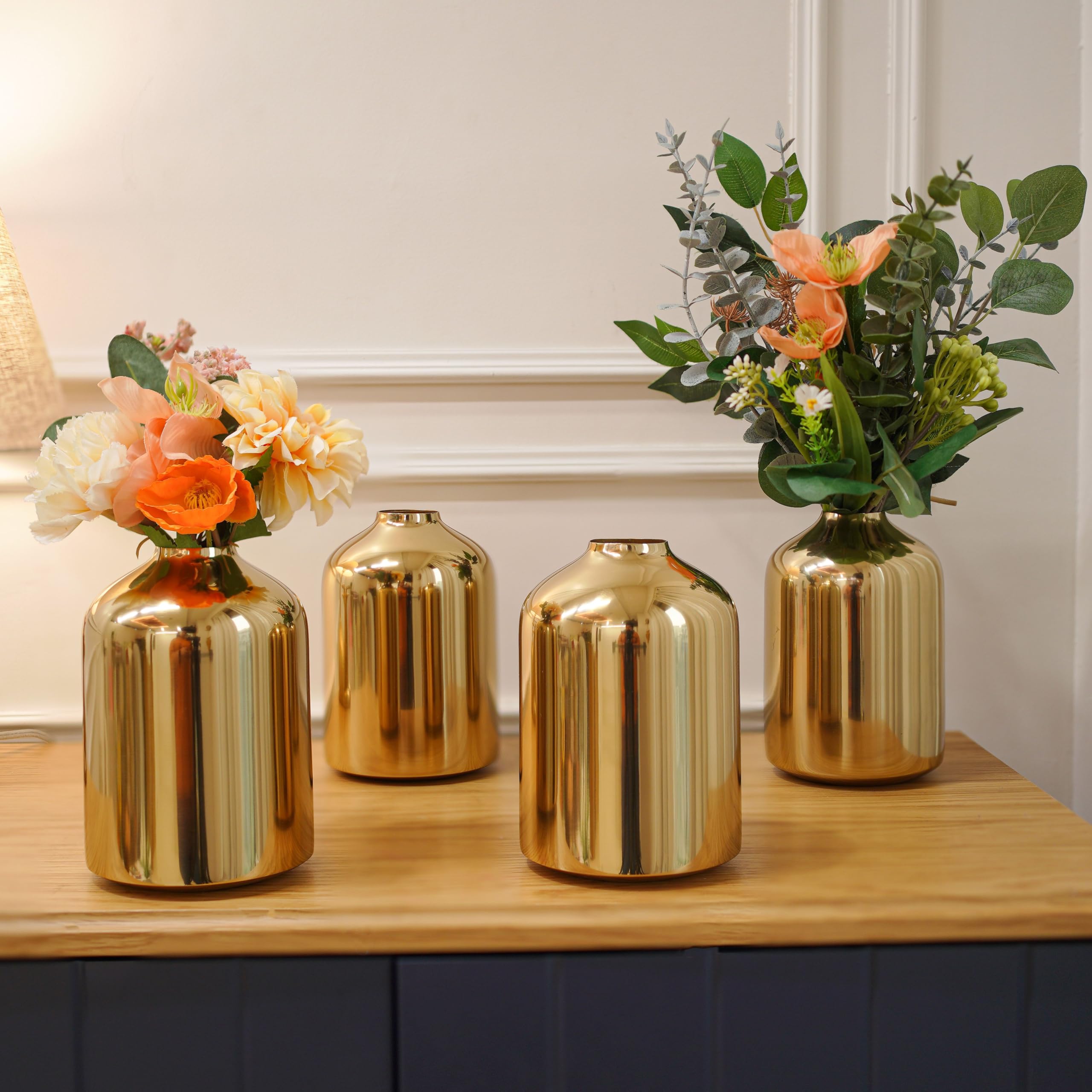 BEHOMA Metal Flower Vase Set of 4, Gold