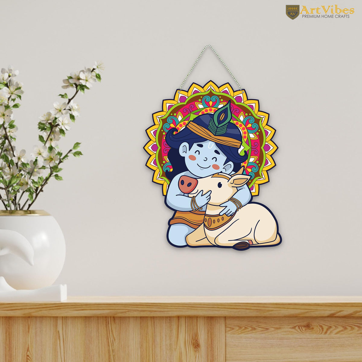 Artvibes Bal Krishna with Cow Wall And Door Hanging for Home Decoration | Religious Wall Art | Spiritual Decor Items | Wall Poster | Artwork| Stylish Modern Decor Item | Gift Items (WH_8604N)
