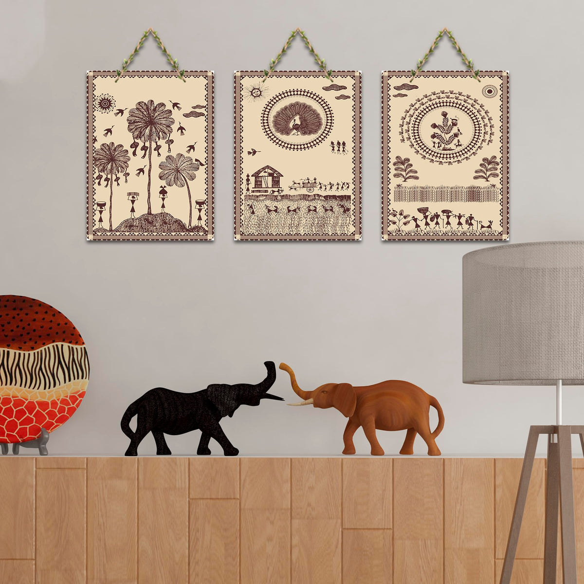 Artvibes Warli Village Life Home Decorative Wall Art MDF Wooden Wall Hanger for Living Room | Art For Wall | Wall Sculpture | Signs & Plaques | Aesthetic Wooden Decor | Gift Items (WH_9626N), Set of 3