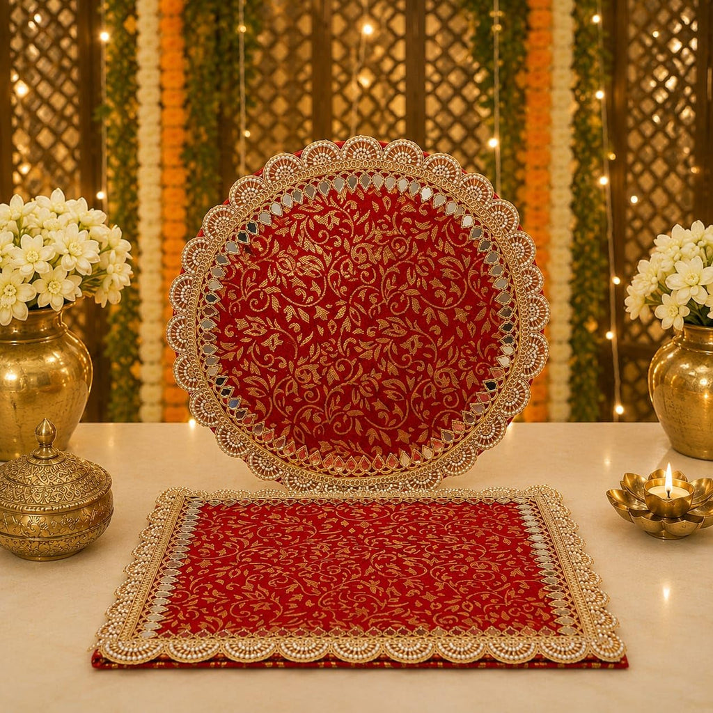 SATYAM KRAFT 1 Pcs Ganpati Kanhaji Singhasan Backdrop Set| Red Gold Mirror Lace Decoration| 31x31 cm Square Round Backdrop with 10x10 cm Clamp| Decor for Ganesh Chaturthi Janmashtami, Home Decor