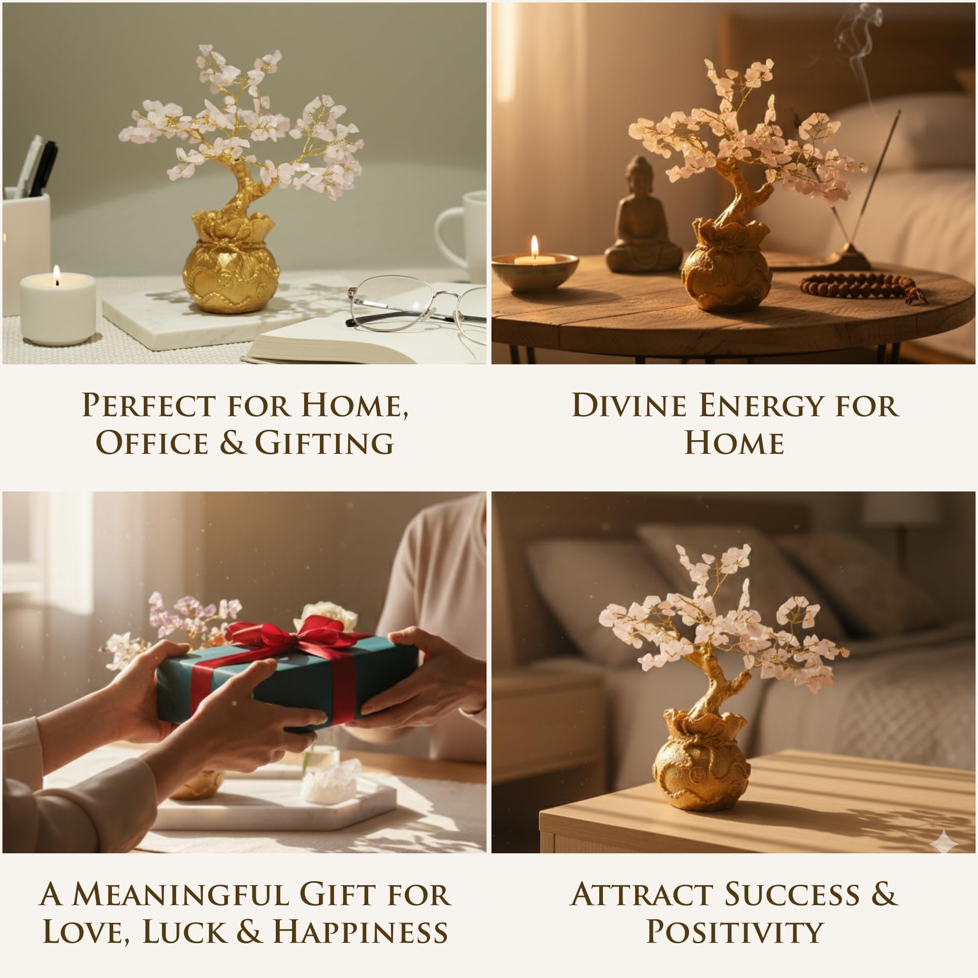 Fourteen Crystals Rose Quartz Crystal Bonsai Tree with Golden Pot | Handmade Feng Shui Tree for Love, Harmony & Healing | Home Showpiece Good Luck Gift
