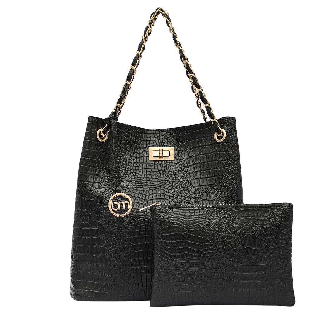 Bagsy Malone Bucket Shaped Tote Bag for Women -Set of 2 | Handcrafted Side Tote Bag and Handbag for Office and College (Croco Black)