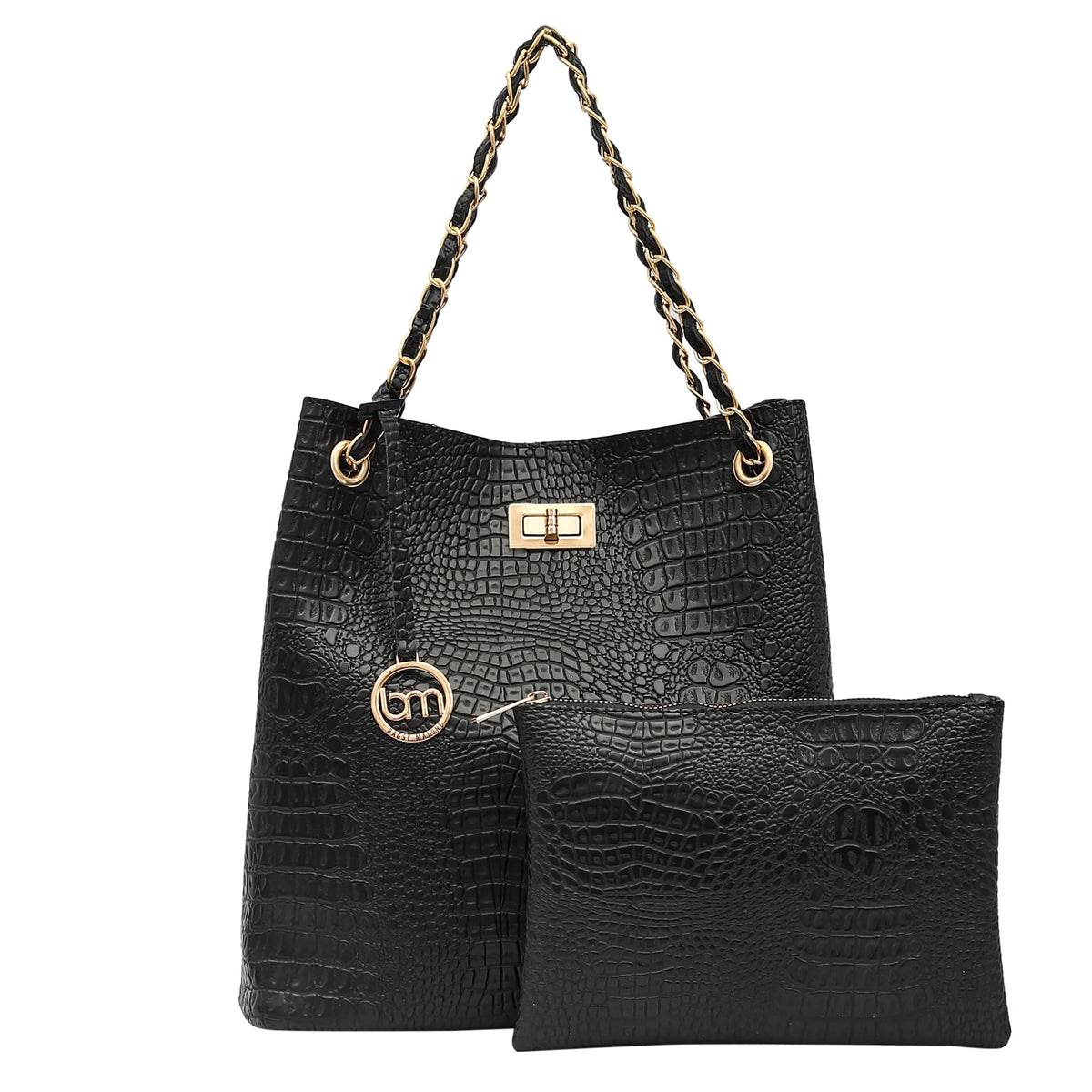 Bagsy Malone Bucket Shaped Tote Bag for Women -Set of 2 | Handcrafted Side Tote Bag and Handbag for Office and College (Croco Black)