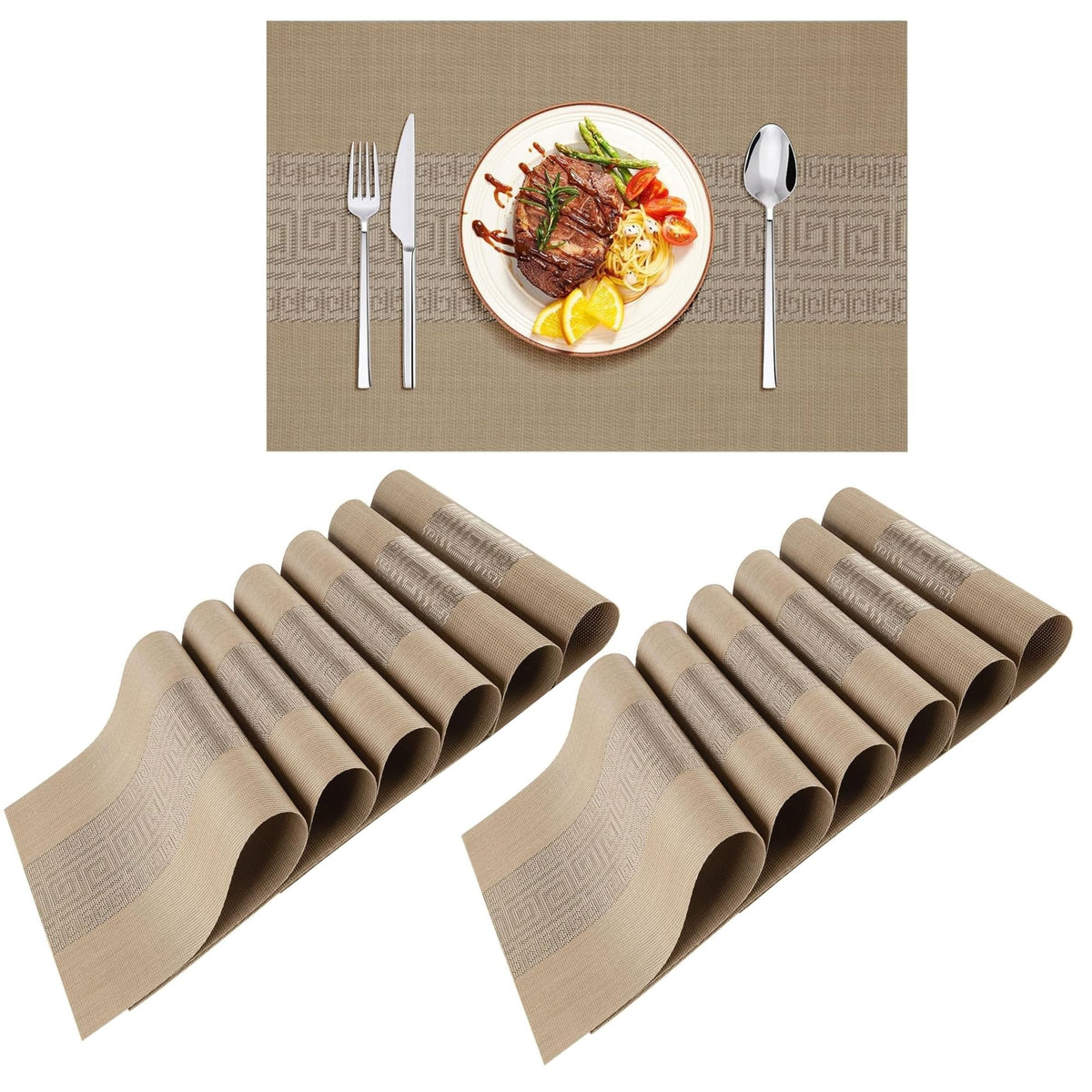 Lellow Woven Vinyl Stylish Washable Dining Table Placemats - (Peanut Brown, Pack of 12) Kafalo
