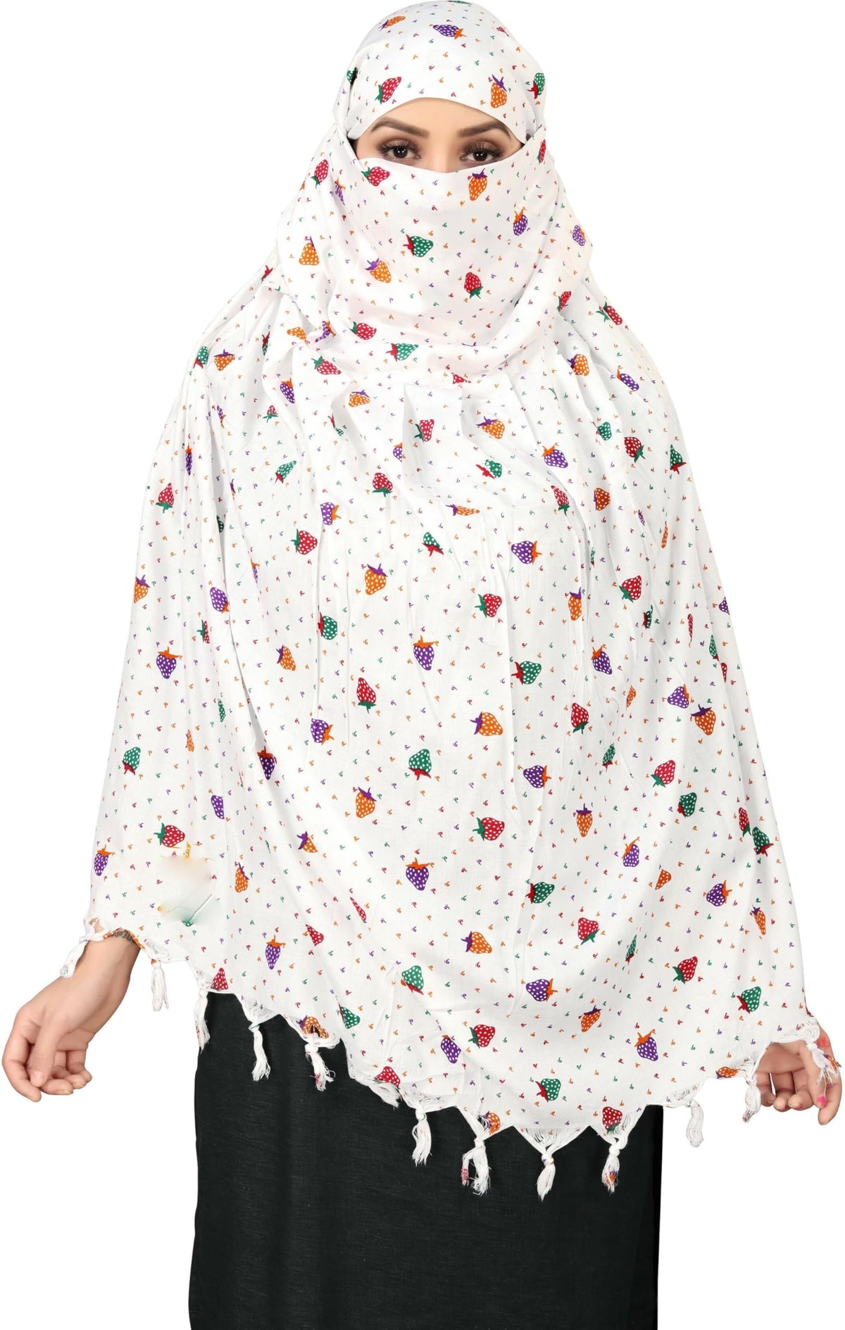 Sclout Soft Cotton Breathable Sun Protection Scarf Dupatta Usable for vehicle Driver | White Printed Design Stoles | Universal Size | For Girl & Women | Light Weight (Scarf - Strawberry)