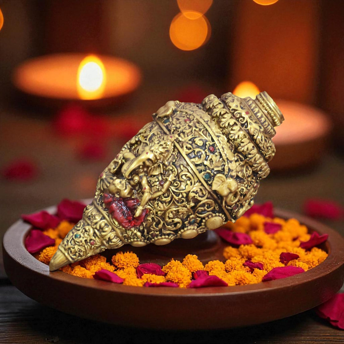 KridayKraft Decorative Lord Ganesha Shank, Gold-Toned, Conch Shell for Wealth, Prosperity and Good Luck Intricate Design, 22cm (9) x 11cm (4) polyresin