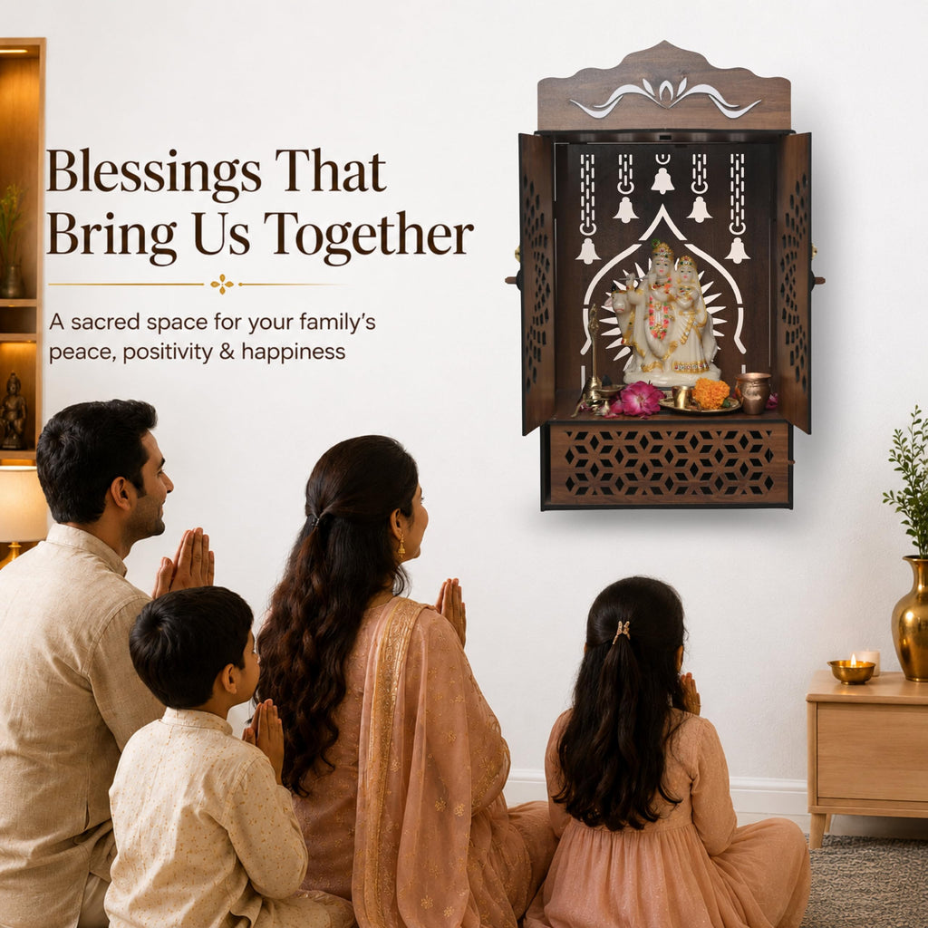 Venlay Wood Wooden Home Mandir with Double Door & Bell | Laser Cut Mandala Jali Cabinet Temple | Peacock Feather Engraving | MDF Pooja Ghar with Storage Drawer | White Finish | Gold Motif Header