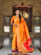 VEDANT VASTRAM Women's Soft Litchi Silk Paithani Jacquard Saree (Ganpati-Paithani-Orange)