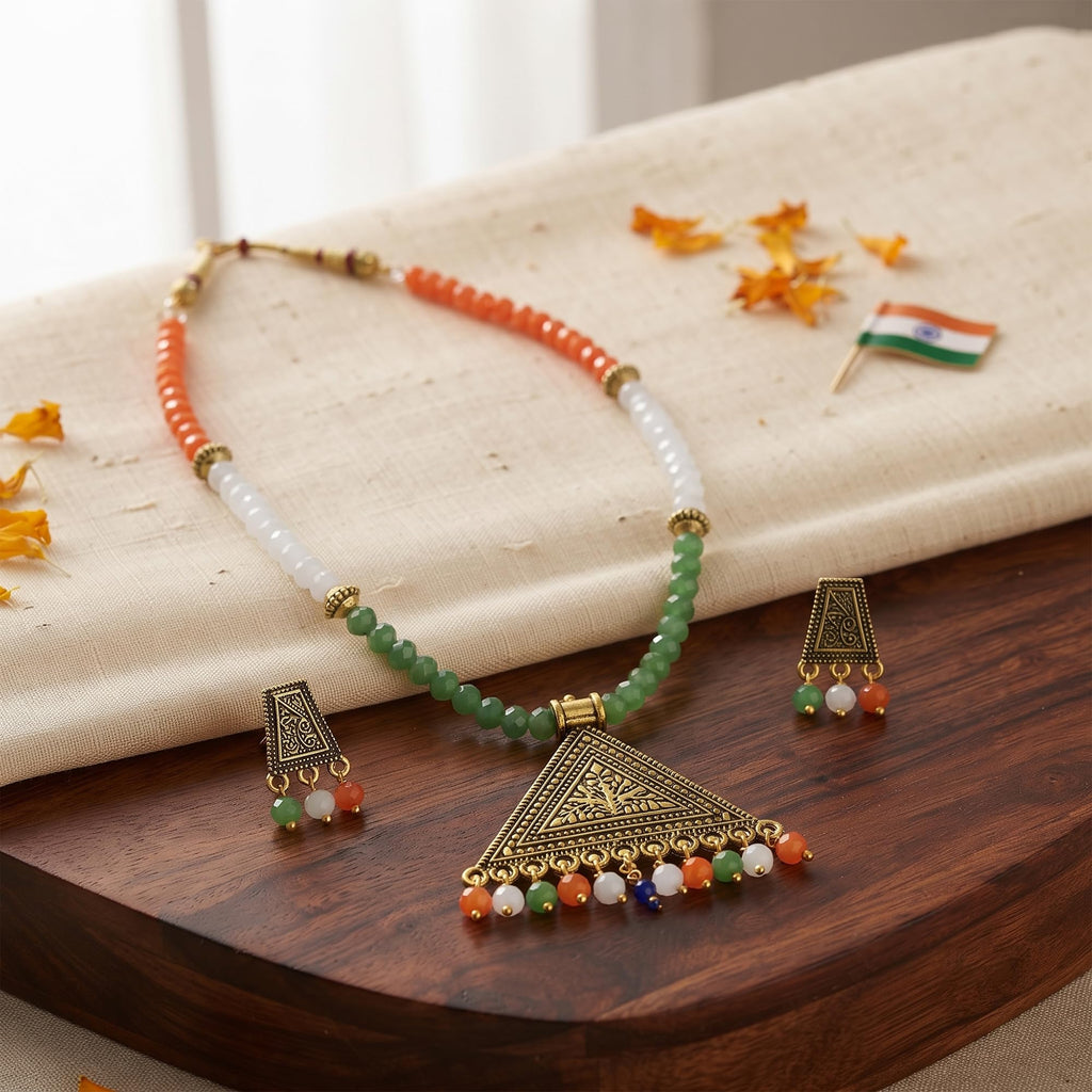 JFL - Jewellery for Less Elegant Tricolour Handmade Pendant Necklace Set for Women & Girls | Antique Gold Triangle Pendant with Matching Earrings | Independence Day & Republic Day Jewellery