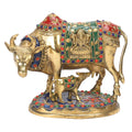 ARTVARKO Laxmi Ganesha Engraved Cow and Calf Statue Kamdhenu Gau MATA Brass Idol, Spiritual Vastu Nandi Pooja Decor, Gold Color 8 Inch