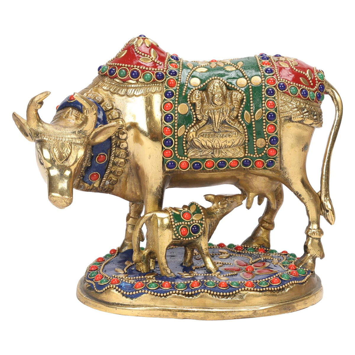 ARTVARKO Laxmi Ganesha Engraved Cow and Calf Statue Kamdhenu Gau MATA Brass Idol, Spiritual Vastu Nandi Pooja Decor, Gold Color 8 Inch