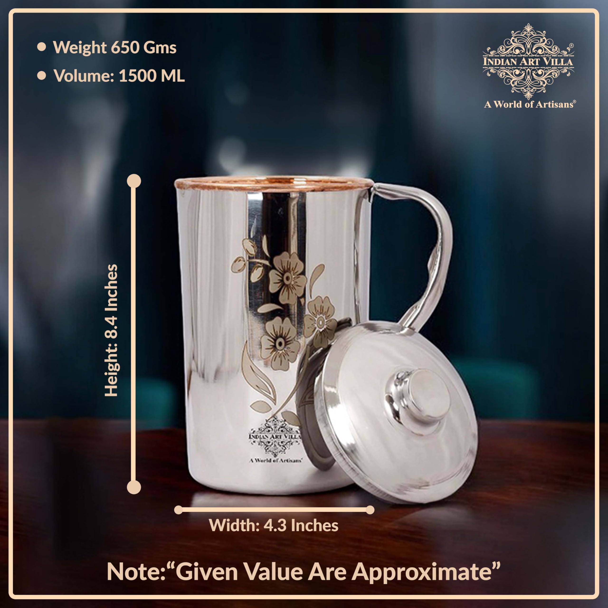 Indian Art Villa Steel Copper Floral Design Jug Pitcher with Lid, Storage & Serving Water, Beneficial for Health, Volume-1500 ML