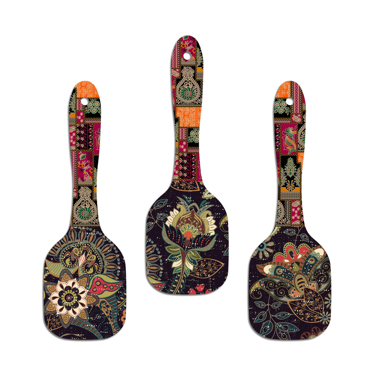 Artvibes Decorative Flower Art Spatula Shape Wall Hanging Decoration Item | Floral Art Decor Items | Wall Accent | Gift Items | Aesthetic Wooden Decor | Ethnic Wall Decor (WH_11003N), Set of 3