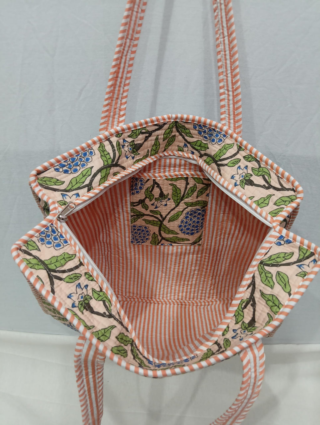 Raj Handicrafts Cotton Printed Tote Bag,Hand Bag Multicolor Quilted Hand Block Floral Printed Women's Carry Bag Shoulder Shopping Tote Bags 18x5.5x16 Inch (Peach 2)