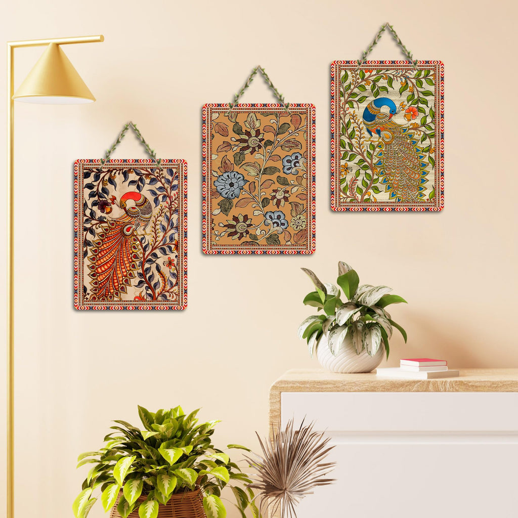 Artvibes Peacock Kalamkari Arts Wooden Art Decoration Item for Home | Living Room | Office | Wall Art Painting For Hall | Graphic Artwork | Aesthetic Wooden Decor | Ideal Gifts (WH_9605N), Set of 3