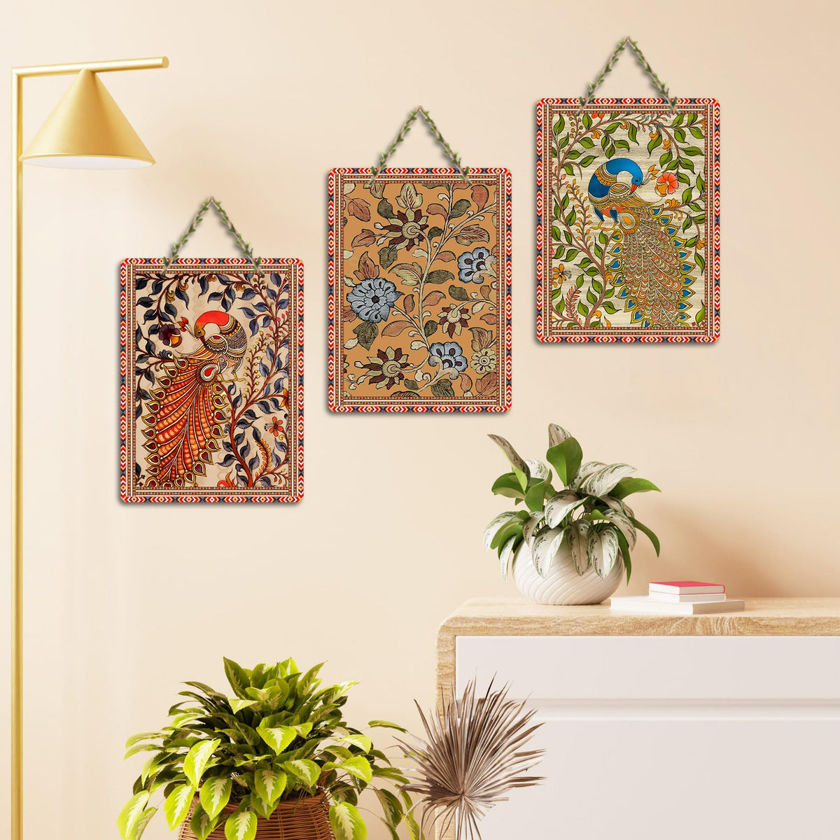 Artvibes Peacock Kalamkari Arts Wooden Art Decoration Item for Home | Living Room | Office | Wall Art Painting For Hall | Graphic Artwork | Aesthetic Wooden Decor | Ideal Gifts (WH_9605N), Set of 3