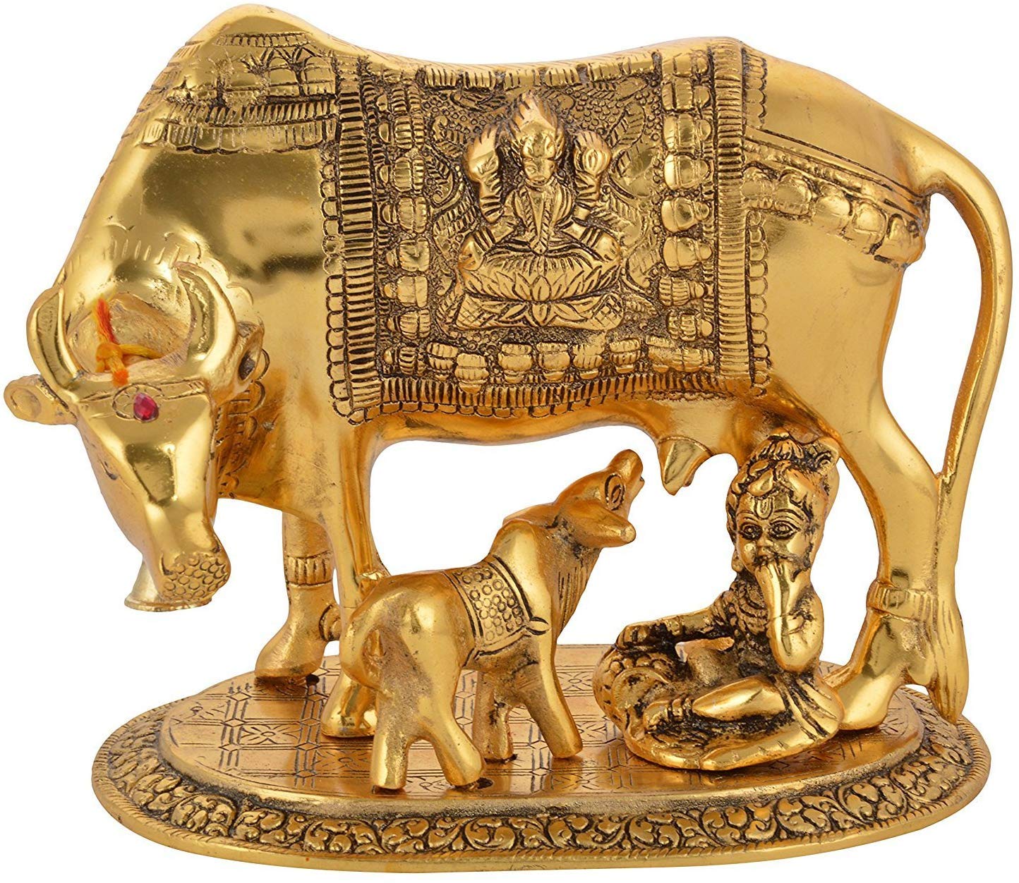 Prince Home Decor & Gifts AluminiumHome Decor Metal Kamdhenu Cow with Calf Statue (Gold)