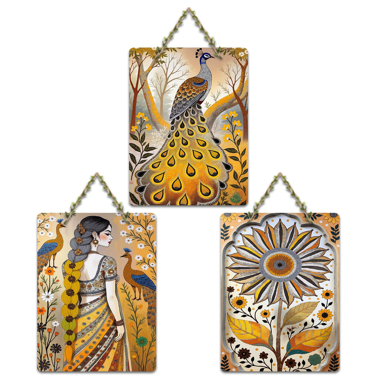 Artvibes Gorgeous Women With Peacocks & Flowers Aesthetic Modern Art Decorative Wall Art MDF Wooden Wall Hanger for Home | Home Decor | Wall Accent | Wall Art Print | Ideal Gifts (WH_9692N), Set of 3