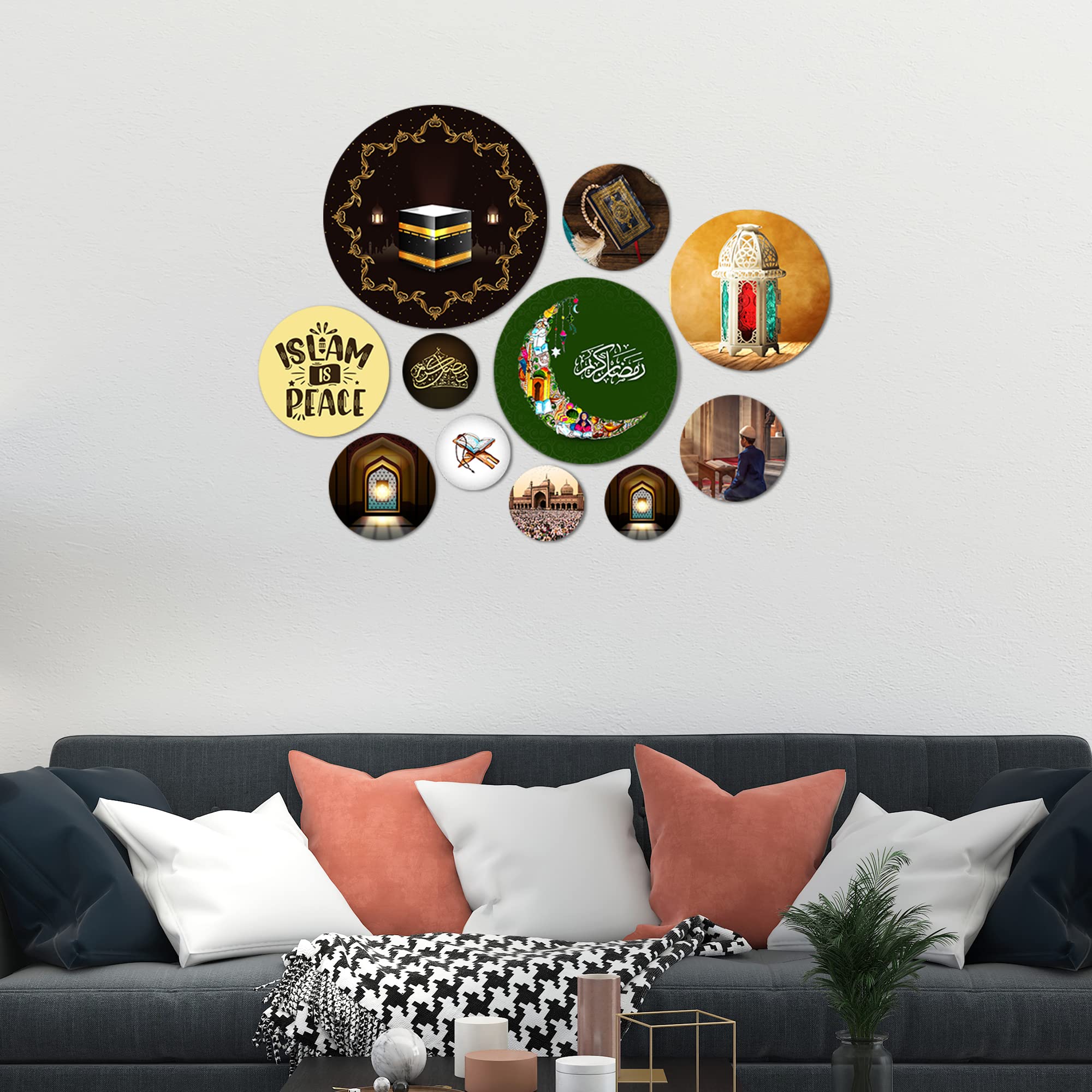 Artvibes Ramadan Special Islamic Round Shape MDF Wooden Wall Decor Items | Living Room | Office | Wall Art Painting For Hall | Graphic Artwork | Wall Art Print | Gift Items (WPS_107NN), Set of 11