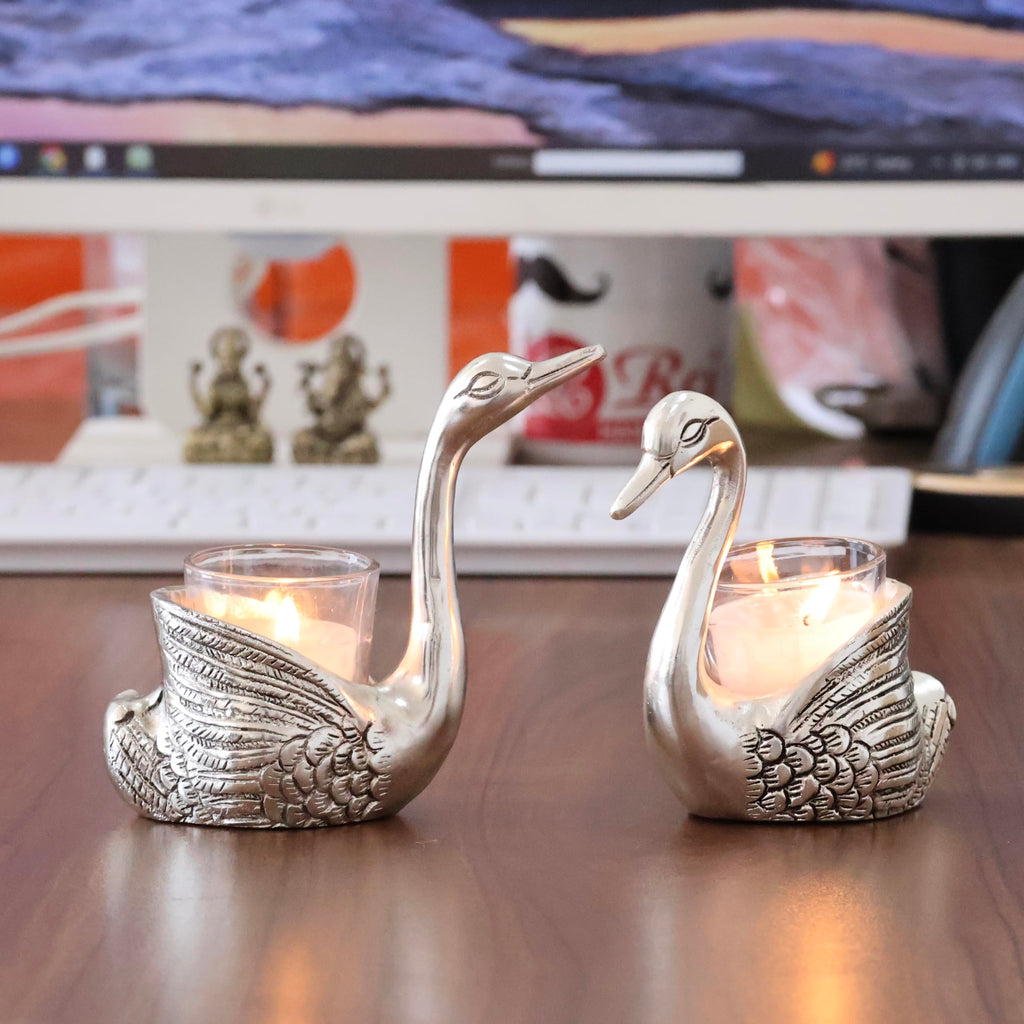 KridayKraft Aluminium Pair of Swans for Good Luck and Love | Candle Holder for Home Decor Tabletop | Showpiece for Gifting Anniversary Valentine's Day (Votive Candle Holders)