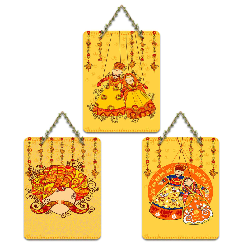 Artvibes Rajasthani Puppet Kathputli Artwork Decorative MDF Wooden Wall Art for Home | Room Decoration | Handcrafted Art | Wall Illustrations | Artworks Hangings | Gift Items (WH_96135N), Set of 3