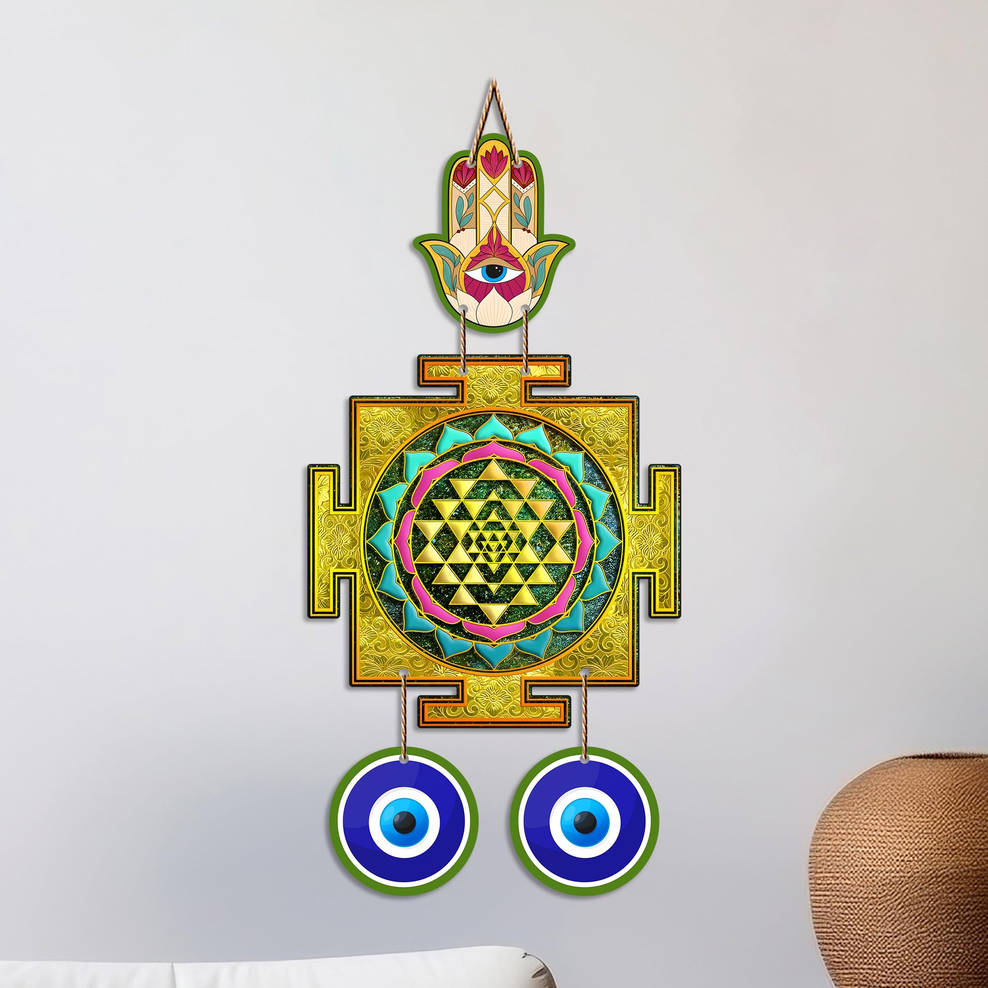Artvibes Sri Yantra Evil Eye Wall Hanging for Home Entrance Door | Sacred Geometry Vastu Decor | Positive Energy Protection Ornament for Meditation Room | Office and Housewarming Gift (WH_85135N)