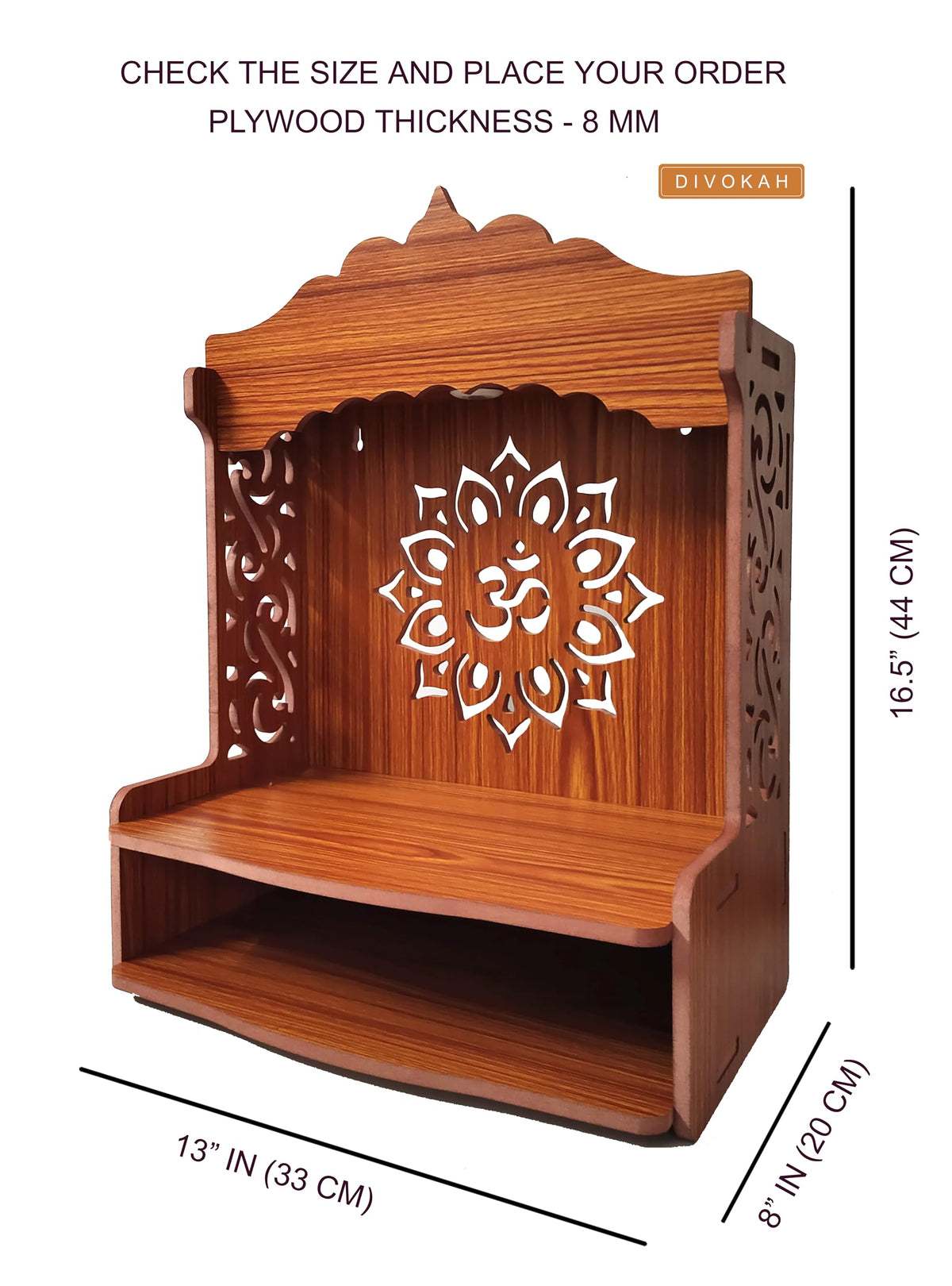 DIVOKAH® Beautiful Wooden Pooja Mandir for Home/Temple for Home and Office/Puja Mandir/Puja Stand/Pooja Mandapam with LED Spot Light (8 MM Plywood Thickness) LEDOMF