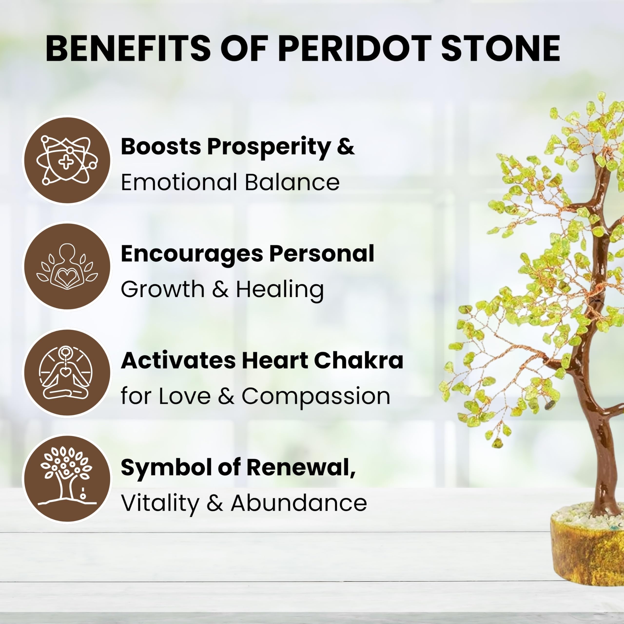 REBUY Crystal Stone Tree – Natural Healing Gemstone for Positive Energy, Feng Shui, Vastu – Ideal for Home, Office, Living Room Décor (Peridot Stone Tree)