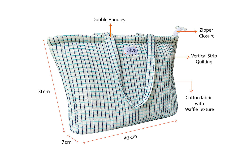HOUSE OF ORLO Women's Cotton Quilted Aesthetic Western Tote Bags, Waffle Weave Handmade With Zipper And Double Handles For Women & Girls, Daily Use Handbag For College/Travel/Work (White-Blue)
