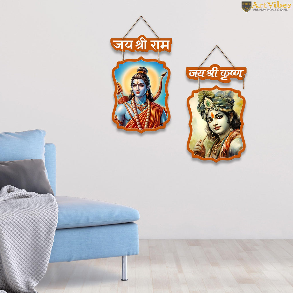 Artvibes Shri Ram and Krishna Wall And Door Hanging for Home Temple | Spiritual Decor Items | Wall Sculpture | Signs & Plaques | Artwork| Stylish Modern Decor Item | Gift Items (WH_9712N), Set of 2
