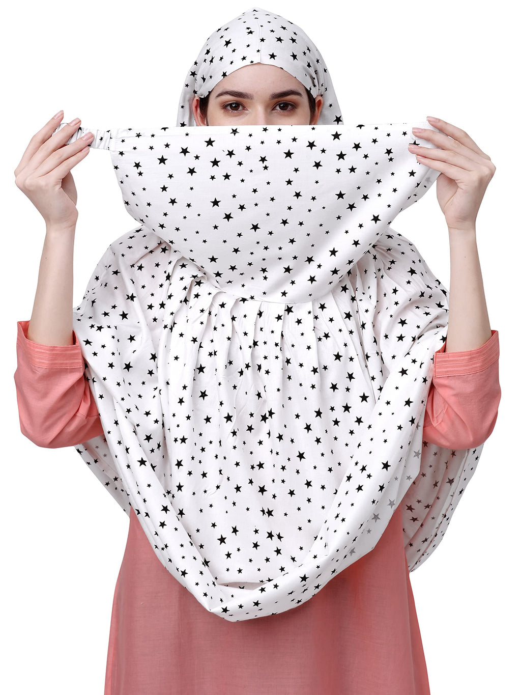 7 season's Cotton Long Scarf Cum Mask Universal Size Usable For Vehicle Driver For Sunlight UV Protection White Printed Design For Girl & Women (Long Black Star), Female
