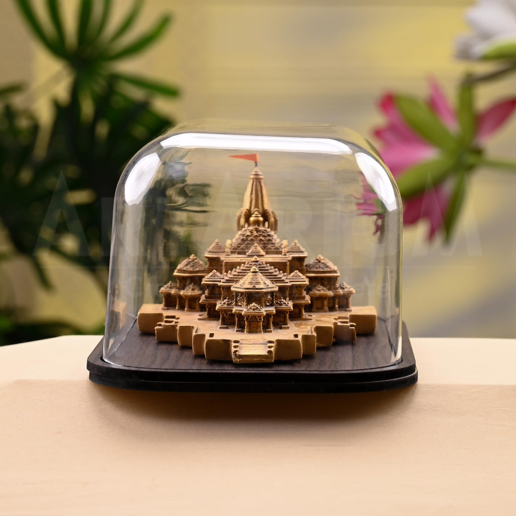 Artarium Ram Mandir Ayodhya Model with Acrylic Cover & Wooden Base (Length: 7.25 Inch), Shree Ram Temple Replica Decorative Showpiece for Home Temple, Pooja Room, Office Desk & Spiritual Gift
