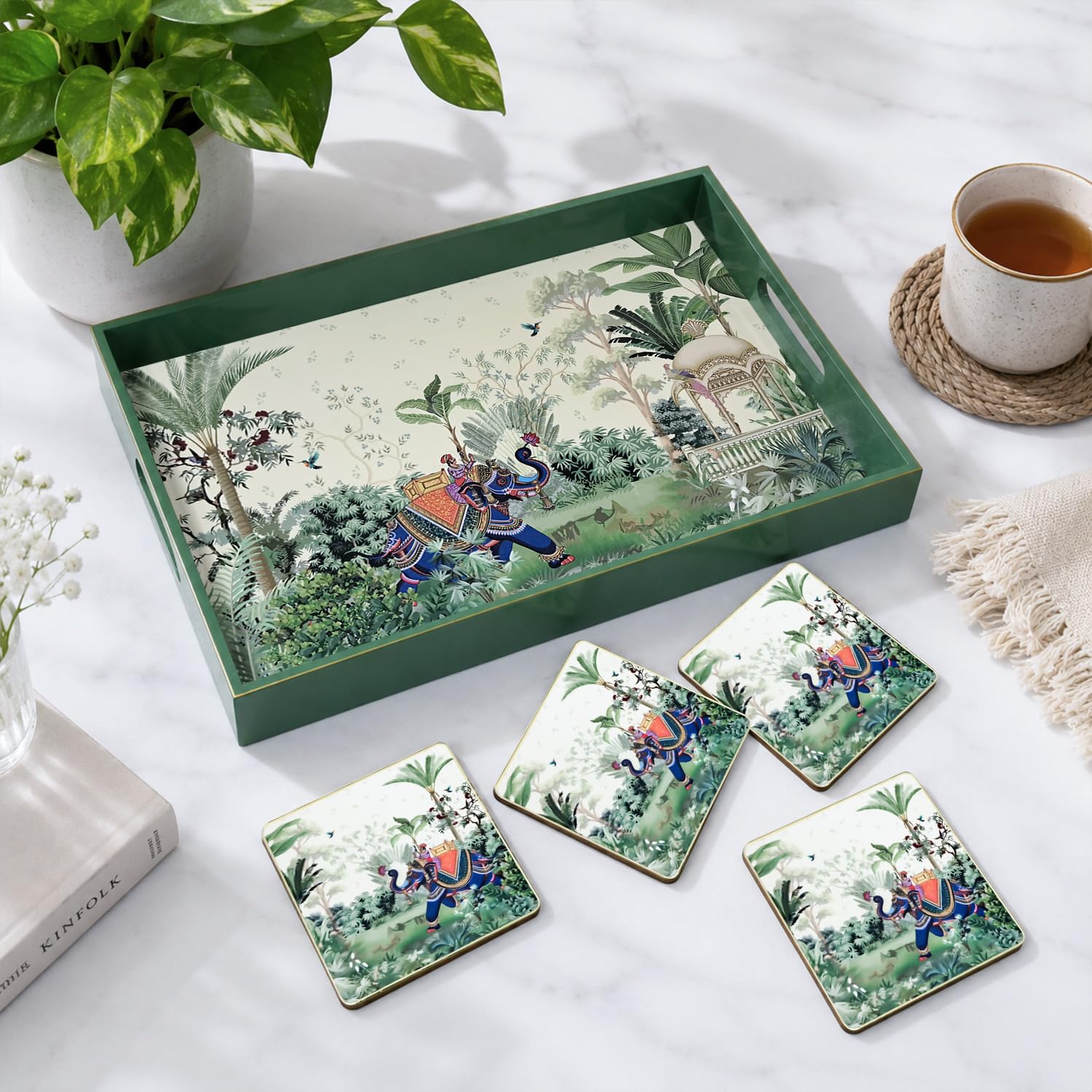 CRAFTSLANE Handcrafted Wooden Tray with 4 Coasters | Fancy Tea & Coffee Rectangular Tray with Handle | Elegant Decorative Serving Tray in Lacquer Finish | Majestic Tranquility (15x10)