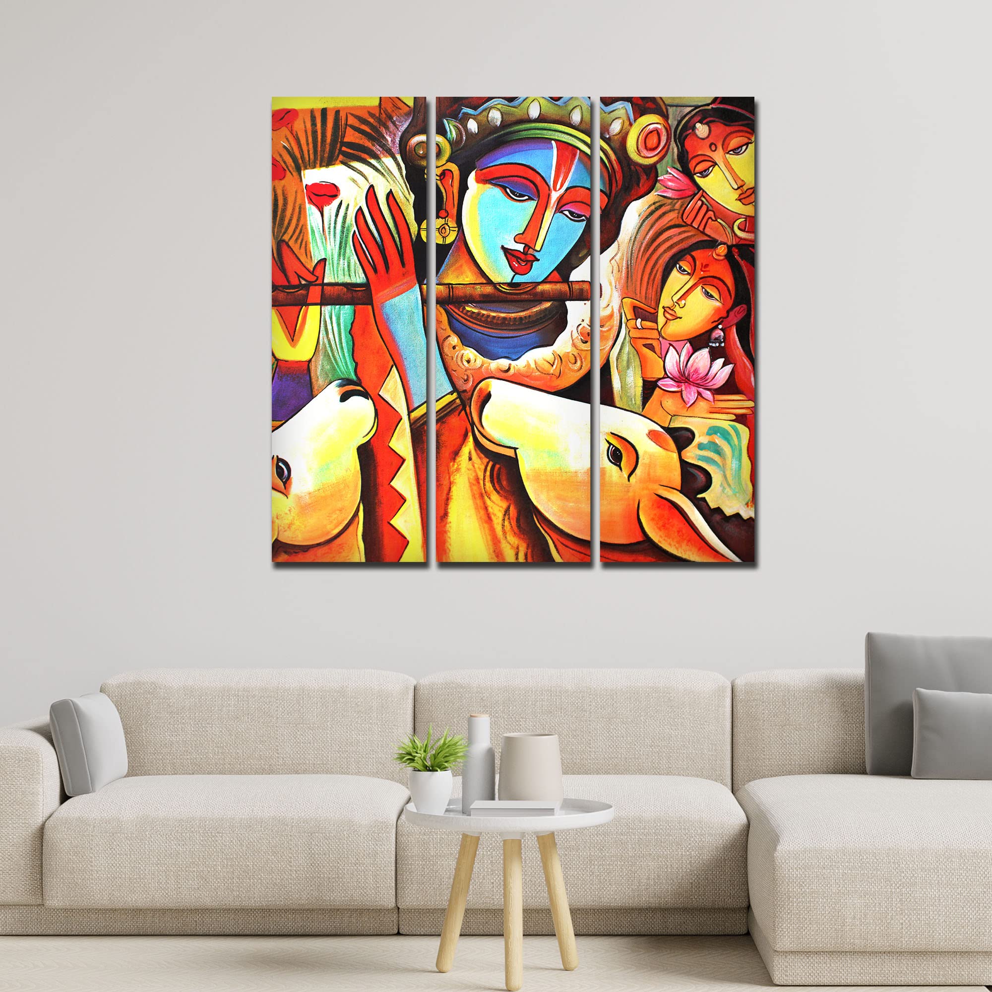 VIBECRAFTS 3 Pieces Beautiful Radha Krishna Canvas Wall Painting Fitted With Wooden Frame For Home | Office | Living Room | Gifts (PTVC3Pcs1_9550)
