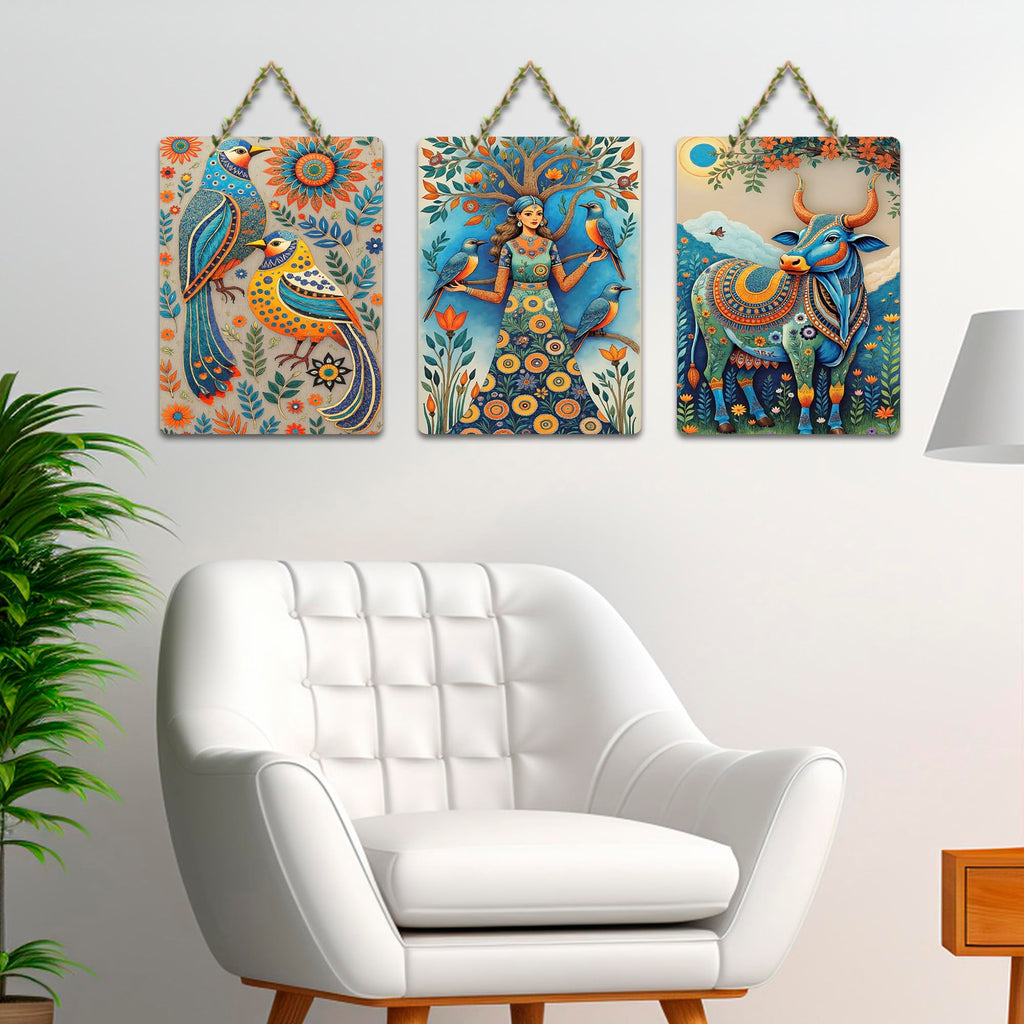 Artvibes Sacred Nature & Divine Girl With Birds & Cow Decorative Wall Art MDF Wooden Wall Hanger for Living Room | Home Decor | Wall Accent | Wall Illustration | Unique Gift Items (WH_9685N), Set of 3